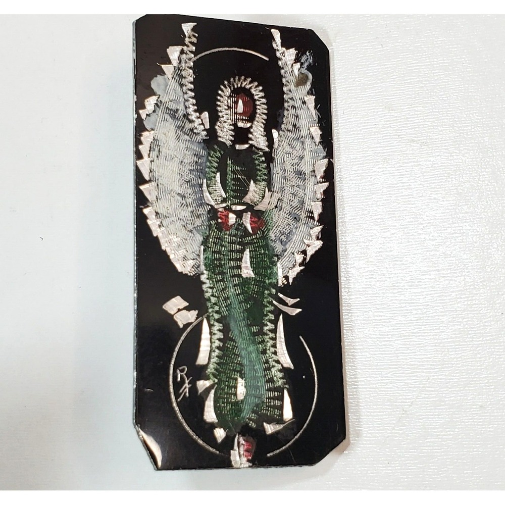 Vintage Etched Thin Anodized Metal Painted Angel Brooch Pin Silver Tone